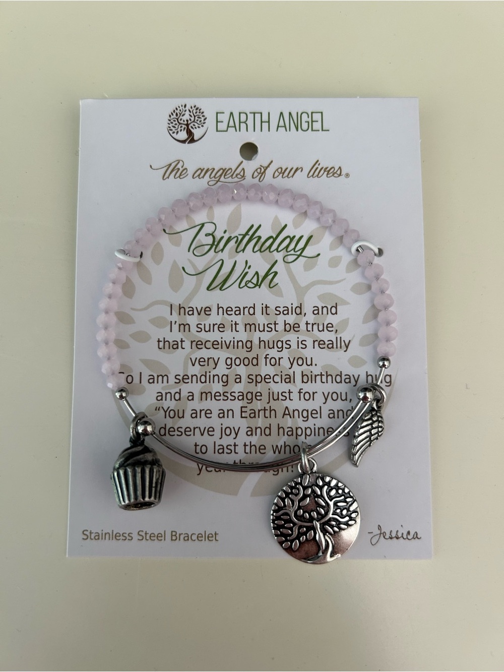 Earth Angel Birthday Wish stainless steel bracelet cupcake angel wing pink beads